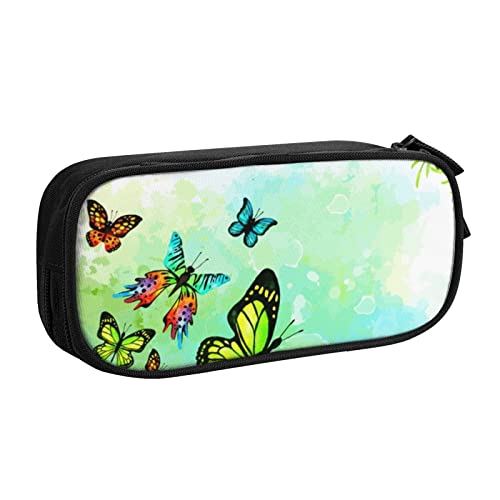 FJAUOQ Federmäppchen Green Butterfly Pencil Case Compartments Pen Pouch Box Multifunctional Makeup Bag Holder Large Storage Stationery Organizer with Zipper for Office Travel von FJAUOQ