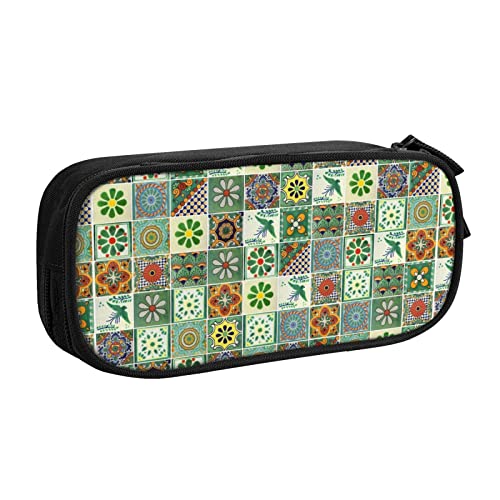 FJAUOQ Federmäppchen Green Mexican Tile Pattern Pencil Case Compartments Pen Pouch Box Multifunctional Makeup Bag Holder Large Storage Stationery Organizer with Zipper for Office Travel von FJAUOQ