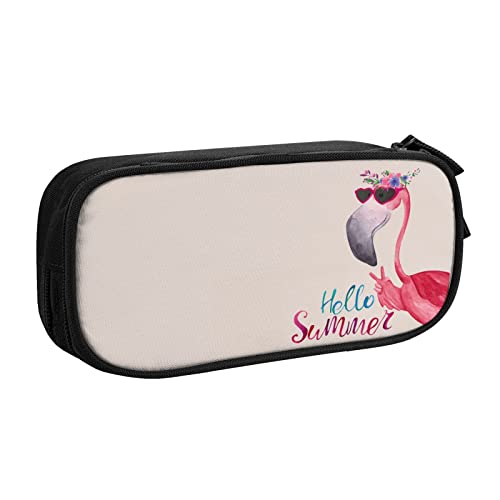 FJAUOQ Federmäppchen Hello Summer Flamingo Pencil Case Compartments Pen Pouch Box Multifunctional Makeup Bag Holder Large Storage Stationery Organizer with Zipper for Office Travel von FJAUOQ