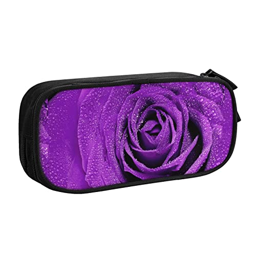 FJAUOQ Federmäppchen Purple Rose Water Drops Pencil Case Compartments Pen Pouch Box Multifunctional Makeup Bag Holder Large Storage Stationery Organizer with Zipper for Office Travel von FJAUOQ