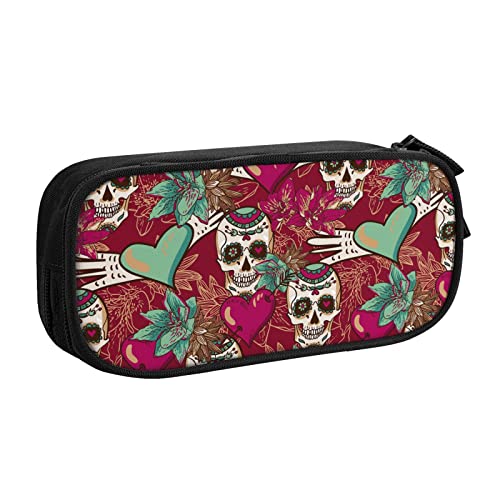 FJAUOQ Federmäppchen Skull Hearts and Flowers Pencil Case Compartments Pen Pouch Box Multifunctional Makeup Bag Holder Large Storage Stationery Organizer with Zipper for Office Travel von FJAUOQ