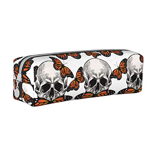 FJAUOQ Federmäppchen Skull Orange Butterfly Pencil Case with Zipper Durable Portable Pen Pouch Office Storage Bag Travel Toiletry Holder for Women Men von FJAUOQ