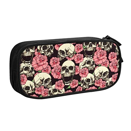 FJAUOQ Federmäppchen Skull Rose Pencil Case Compartments Pen Pouch Box Multifunctional Makeup Bag Holder Large Storage Stationery Organizer with Zipper for Office Travel von FJAUOQ