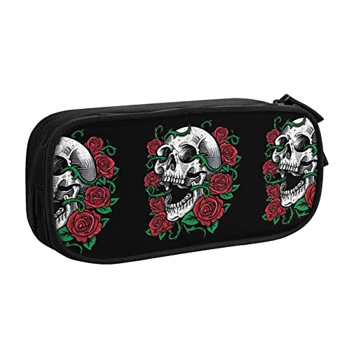 FJAUOQ Federmäppchen Skull Rose Pencil Case Compartments Pen Pouch Box Multifunctional Makeup Bag Holder Large Storage Stationery Organizer with Zipper for Office Travel von FJAUOQ