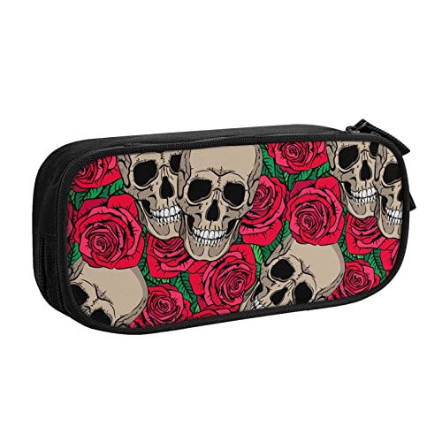 FJAUOQ Federmäppchen Skulls Red Rose Pencil Case Compartments Pen Pouch Box Multifunctional Makeup Bag Holder Large Storage Stationery Organizer with Zipper for Office Travel von FJAUOQ