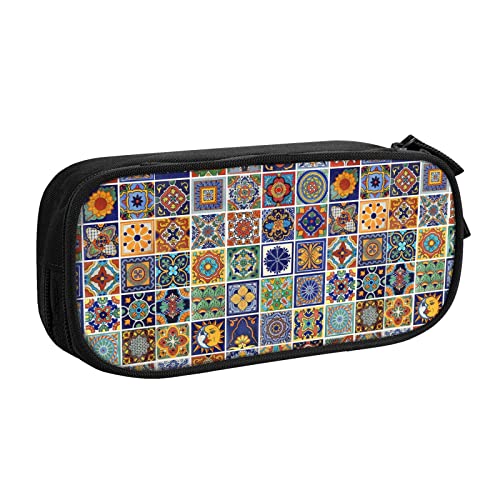 FJAUOQ Federmäppchen Talavera Mexican Tiles Print Pencil Case Compartments Pen Pouch Box Multifunctional Makeup Bag Holder Large Storage Stationery Organizer with Zipper for Office Travel von FJAUOQ