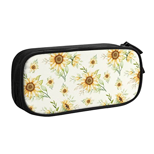 FJAUOQ Federmäppchen Watercolor Yellow Sunflowers Pencil Case Compartments Pen Pouch Box Multifunctional Makeup Bag Holder Large Storage Stationery Organizer with Zipper for Office Travel von FJAUOQ