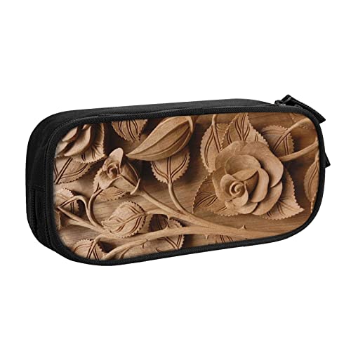 FJAUOQ Federmäppchen Wood Grain Rose Pencil Case Compartments Pen Pouch Box Multifunctional Makeup Bag Holder Large Storage Stationery Organizer with Zipper for Office Travel von FJAUOQ