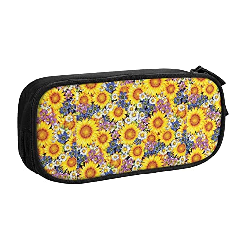 FJAUOQ Federmäppchen Yellow Flowers Pencil Case Compartments Pen Pouch Box Multifunctional Makeup Bag Holder Large Storage Stationery Organizer with Zipper for Office Travel von FJAUOQ