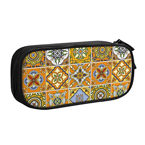 FJAUOQ Federmäppchen Yellow Mexican Talavera Tile Print Pencil Case Compartments Pen Pouch Box Multifunctional Makeup Bag Holder Large Storage Stationery Organizer with Zipper for Office Travel von FJAUOQ