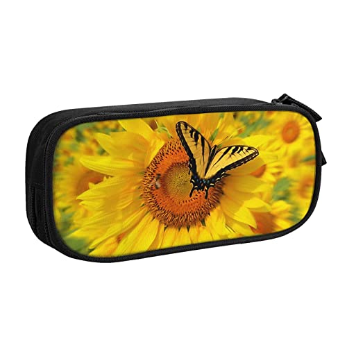FJAUOQ Federmäppchen Yellow Sunflowers with Butterfly Pencil Case Compartments Pen Pouch Box Multifunctional Makeup Bag Holder Large Storage Stationery Organizer with Zipper for Office Travel von FJAUOQ