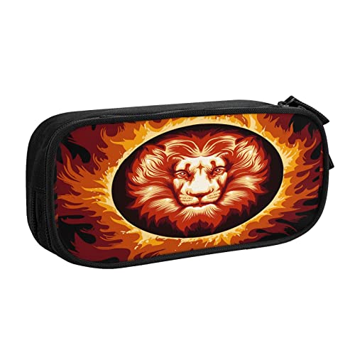 FJAUOQ Federmäppchen Zodiac Sign of Lion In Fire Circle Pencil Case Compartments Pen Pouch Box Multifunctional Makeup Bag Holder Large Storage Stationery Organizer with Zipper for Office Travel von FJAUOQ