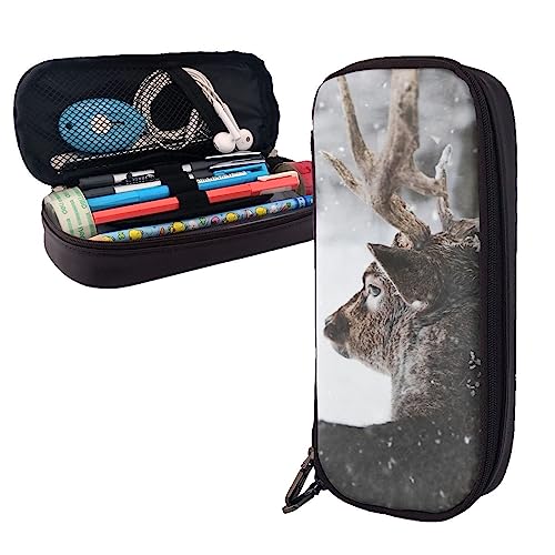 FJAUOQ Federmäppchen aus Leder, Motiv: Hirsch, schaut durch Schnee, großes Fassungsvermögen, tragbares Federmäppchen mit Reißverschluss für Büro-Organizer, Schwarz , Einheitsgröße, Federmäppchen von FJAUOQ