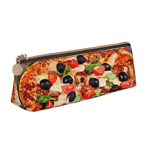 FJAUOQ Federmäppchen aus Leder, Motiv: Pizza mit Tomaten und Blättern, dreieckig, tragbar, mit Reißverschluss für Büro, weiß, Einheitsgröße, federmäppchen von FJAUOQ