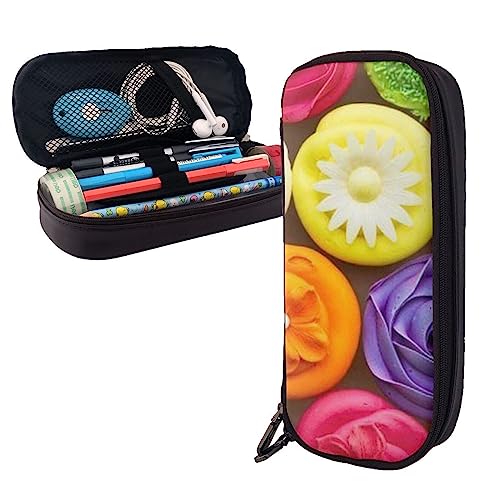 FJAUOQ Federmäppchen aus Leder, Motiv: bunte Cupcakes, Regenbogenfarben, große Kapazität, tragbares Federmäppchen mit Reißverschluss für Büro-Organizer, Schwarz , Einheitsgröße, Federmäppchen von FJAUOQ