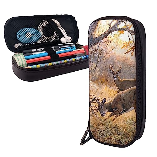 FJAUOQ Federmäppchen mit Hirschjagd, großes Fassungsvermögen, Leder-Federmäppchen, tragbares Federmäppchen mit Reißverschluss für Büro-Organizer, Schwarz , Einheitsgröße, Federmäppchen von FJAUOQ