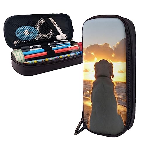 FJAUOQ Federmäppchen mit Hund und Sonnenuntergang, großes Fassungsvermögen, Leder, tragbares Federmäppchen mit Reißverschluss für Büro-Organizer, Schwarz , Einheitsgröße, Federmäppchen von FJAUOQ