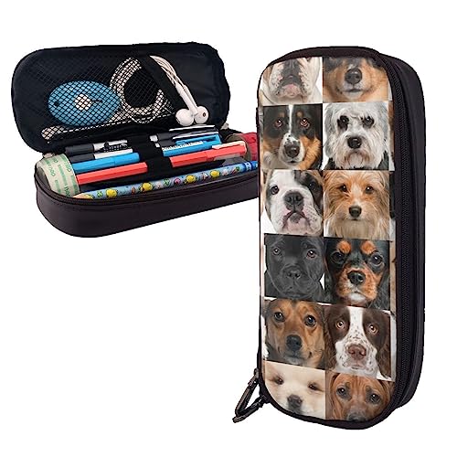FJAUOQ Federmäppchen mit Hundegesichtsmuster, großes Fassungsvermögen, Leder-Federmäppchen, tragbares Federmäppchen mit Reißverschluss für Büro-Organizer, Schwarz , Einheitsgröße, Federmäppchen von FJAUOQ