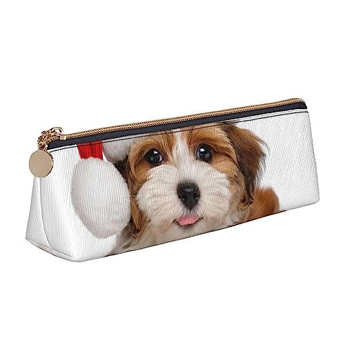FJAUOQ Federmäppchen mit Hundemotiv und Weihnachtsmannmütze, Leder, dreieckig, tragbar, mit Reißverschluss für Büro, weiß, Einheitsgröße, federmäppchen von FJAUOQ