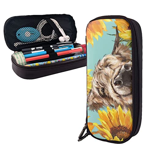 FJAUOQ Federmäppchen mit Kuh mit Sonnenblumen in Blau, großes Fassungsvermögen, Leder-Federmäppchen, tragbares Federmäppchen mit Reißverschluss für Büro-Organizer, Schwarz , Einheitsgröße, FJAUOQ Federmäppchen mit Kuh mit Sonnenblumen in Blau, großes Fassungsvermögen, Leder-Federmäppchen, tragbares Federmäppchen mit Reißverschluss für Büro-Organizer, Schwarz , Einheitsgröße, von FJAUOQ
