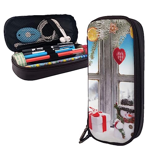 FJAUOQ Federmäppchen mit Weihnachtsmotiv und Schneemann, großes Fassungsvermögen, aus Leder, tragbares Federmäppchen mit Reißverschluss für Büro-Organizer, Schwarz , Einheitsgröße, Federmäppchen von FJAUOQ