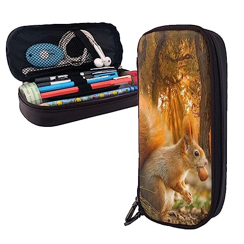 FJAUOQ Federmäppchen mit niedlichem Eichhörnchen-Motiv, großes Fassungsvermögen, Leder-Federmäppchen, tragbares Federmäppchen mit Reißverschluss, für Büro-Organizer, Schwarz , Einheitsgröße, von FJAUOQ