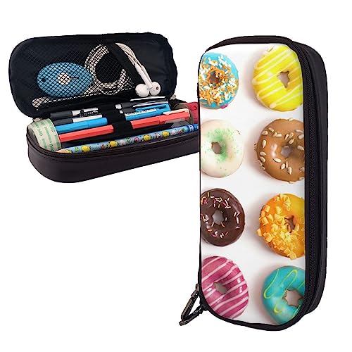 FJAUOQ Federmäppchen mit verschiedenen Geschmacksrichtungen von Donuts, großes Fassungsvermögen, Leder-Federmäppchen, tragbares Federmäppchen mit Reißverschluss für Büro-Organizer, Schwarz , von FJAUOQ
