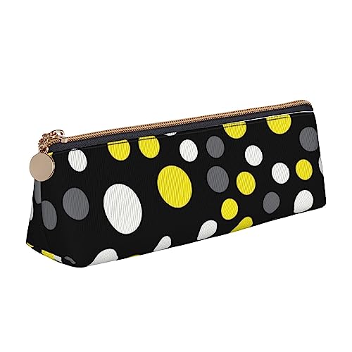 FJAUOQ Gelb Weiß Schwarz Polka Dot Bleistift Tasche Dreieck Stift Fall Tragbare Bleistift Tasche Leder Organizer mit Reißverschluss Kosmetiktasche Tasche, Weiß, Gelb, Einheitsgröße, federmäppchen von FJAUOQ