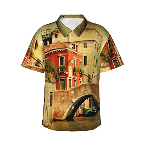 FJAUOQ Italienische Vintage-Architektur Venedig Herren Kurzarmhemd Button Down Hawaiihemd Casual Strand Hemd Tops, Siehe Abbildung, L von FJAUOQ