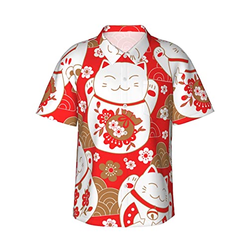 FJAUOQ Japanische süße Glückskatzen Herren Kurzarmhemden Mode Hawaiihemd Sommer Casual Tops von FJAUOQ