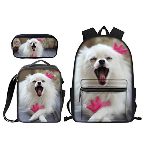 FJAUOQ Kinder Rucksack Set 3-teilig Pommersche Jungen Mädchen Schulranzen Mittagessen Taschen Federmäppchen 3 in 1, Weißer Hund C, One size von FJAUOQ