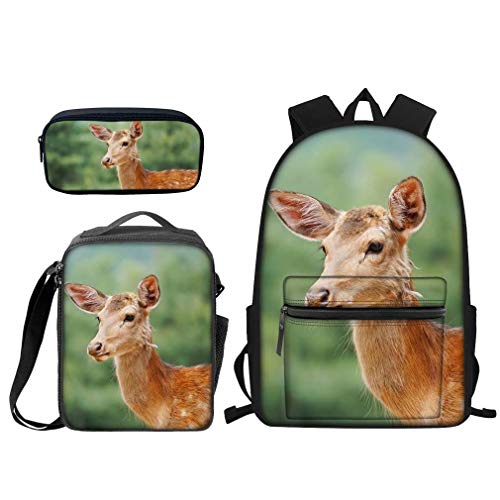 FJAUOQ Kinder Rucksack Set 3-teilig Pommersche Jungen Mädchen Schulranzen Mittagessen Taschen Federmäppchen 3 in 1, reh / hirsch, One size von FJAUOQ