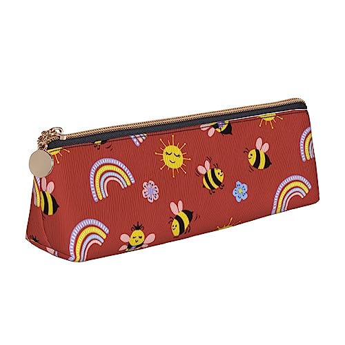 FJAUOQ Niedliches Bienen-Muster Bleistift Beutel Dreieck Stift Fall Tragbare Bleistift Tasche Leder Organizer mit Reißverschluss Kosmetiktasche Tasche, weiß, Einheitsgröße, federmäppchen von FJAUOQ