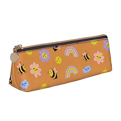 FJAUOQ Niedliches Bienen-Muster Bleistift Beutel Dreieck Stift Fall Tragbare Bleistift Tasche Leder Organizer mit Reißverschluss Kosmetiktasche Tasche, weiß, Einheitsgröße, federmäppchen von FJAUOQ