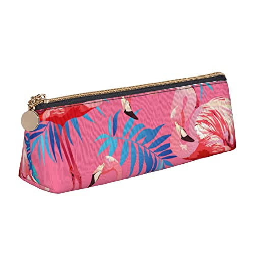 FJAUOQ Pink Flamingo Tropical Pencil Pouch Triangle Pen Case Portable Pencil Bag Leather Organizer with Zipper Cosmetic Pouch Bag, rose, Einheitsgröße, federmäppchen von FJAUOQ