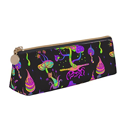 FJAUOQ Psychedelic Mushroom Magic Neon Pencil Pouch Triangle Pen Case Portable Pencil Bag Leather Organizer with Zipper Cosmetic Pouch Bag, weiß, Einheitsgröße, federmäppchen von FJAUOQ