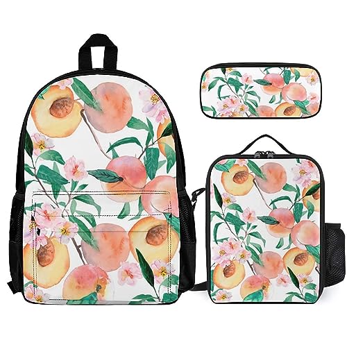 FJAUOQ Rucksack-Set, 3-teilig, für Herren und Damen, kompatibel mit Aquarellfarben, Pfirsichblättern, Blumen, Büchertasche, Lunchbox, Federmäppchen von FJAUOQ