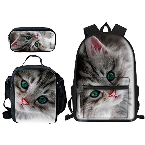 FJAUOQ Schultaschen Rucksack Set Pferde Druck Jungen Buch Taschen Daypack, Lunch Bag und Federmäppchen, katze, One size von FJAUOQ