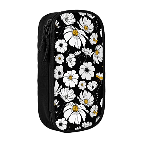 FJAUOQ Schwarzes Federmäppchen im Line-Art-Stil mit weißen Blumen für Jungen,Mädchen,Teenager,großes Fassungsvermögen,Stiftbox mit Reißverschluss,Organizer-Tasche,Schule,Büro,Schwarz von FJAUOQ