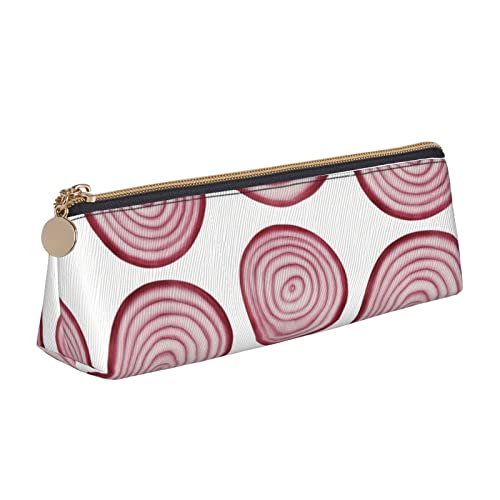 FJAUOQ Slice Red Onion Rings Pattern Pencil Pouch Triangle Pen Case Portable Pencil Bag Leather Organizer with Zipper Cosmetic Pouch Bag, rot, Einheitsgröße, federmäppchen von FJAUOQ