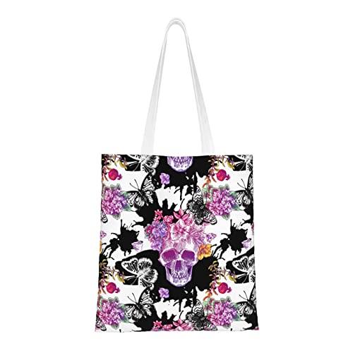 FJAUOQ Summer Duck Canvas Tote Bags for Women, Reusable Grocery Bags, Travel Tote Bags for Work Travel Shopping, Sugar Skull Floral Schwarz Weiß, Einheitsgröße, Canvas & Beach Tote Bag von FJAUOQ