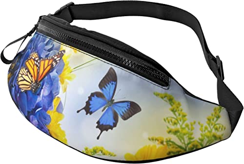 Fanny Pack mit Schmetterlingen in blauen Hortensien, modische Hüfttasche, verstellbare Hüfttasche für Männer und Frauen von FJAUOQ