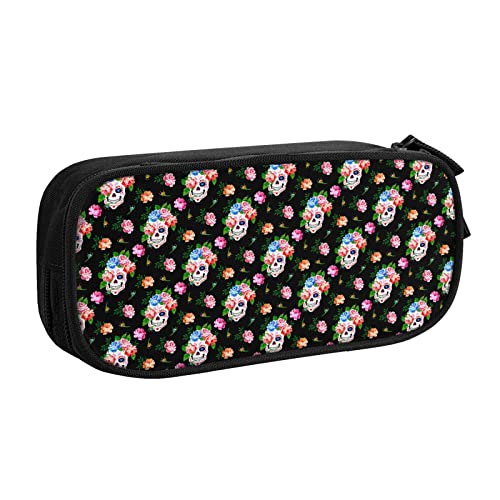 Federmäppchen Flower Skull Pencil Case Compartments Pen Pouch Box Multifunctional Makeup Bag Holder Large Storage Stationery Organizer with Zipper for Office Travel von FJAUOQ