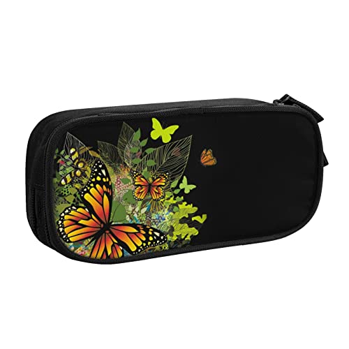 Federmäppchen Green Flower Butterfly Pencil Case Compartments Pen Pouch Box Multifunctional Makeup Bag Holder Large Storage Stationery Organizer with Zipper for Office Travel von FJAUOQ