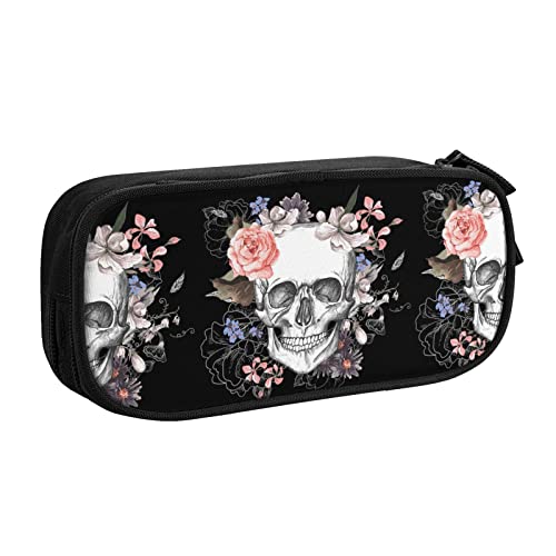 Federmäppchen Pink Floral Sugar Skull Flower Pencil Case Compartments Pen Pouch Box Multifunctional Makeup Bag Holder Large Storage Stationery Organizer with Zipper for Office Travel von FJAUOQ