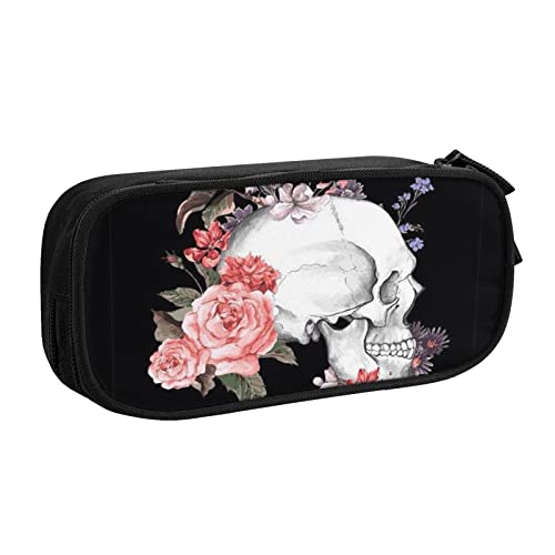Federmäppchen Pink Flower Skull Pencil Case Compartments Pen Pouch Box Multifunctional Makeup Bag Holder Large Storage Stationery Organizer with Zipper for Office Travel von FJAUOQ