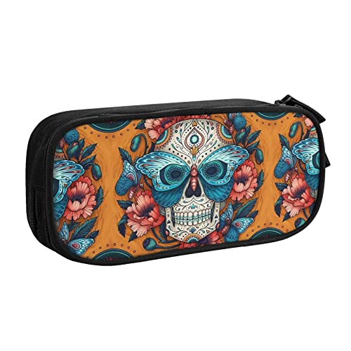 Federmäppchen Red Flower Skull Pencil Case Compartments Pen Pouch Box Multifunctional Makeup Bag Holder Large Storage Stationery Organizer with Zipper for Office Travel von FJAUOQ