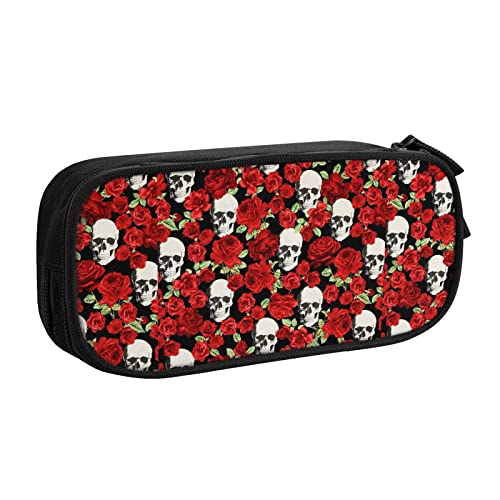Federmäppchen Rose Flower Skull Pencil Case Compartments Pen Pouch Box Multifunctional Makeup Bag Holder Large Storage Stationery Organizer with Zipper for Office Travel von FJAUOQ