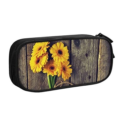 Federmäppchen Rustic Sunflower on Wooden Plank Farmhouse Pencil Case Compartments Pen Pouch Box Multifunctional Makeup Bag Holder Large Storage Stationery Organizer with Zipper for Office Travel von FJAUOQ