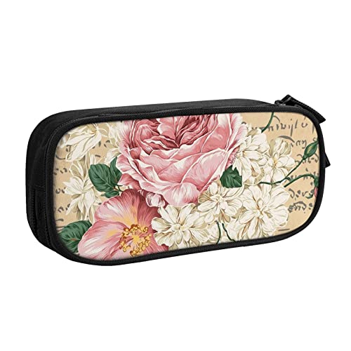 Federmäppchen Vintage Rose Floral Pencil Case Compartments Pen Pouch Box Multifunctional Makeup Bag Holder Large Storage Stationery Organizer with Zipper for Office Travel von FJAUOQ